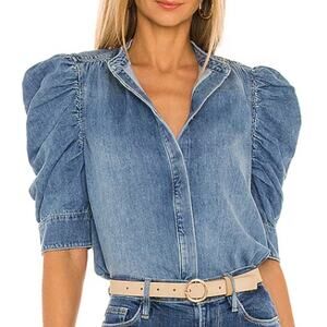 Frame Gillian Denim Top Eugenia Blouse Ruched Puff Sleeve Button Up Blue XS